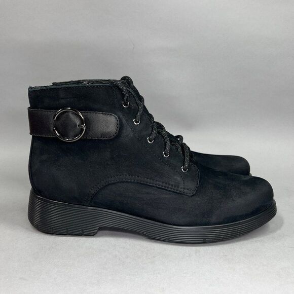 Munro Shoes - Munro Buckley Boots‎ Women's Size 8.5 Black Nubuck Leather Lace Up Buckle Combat